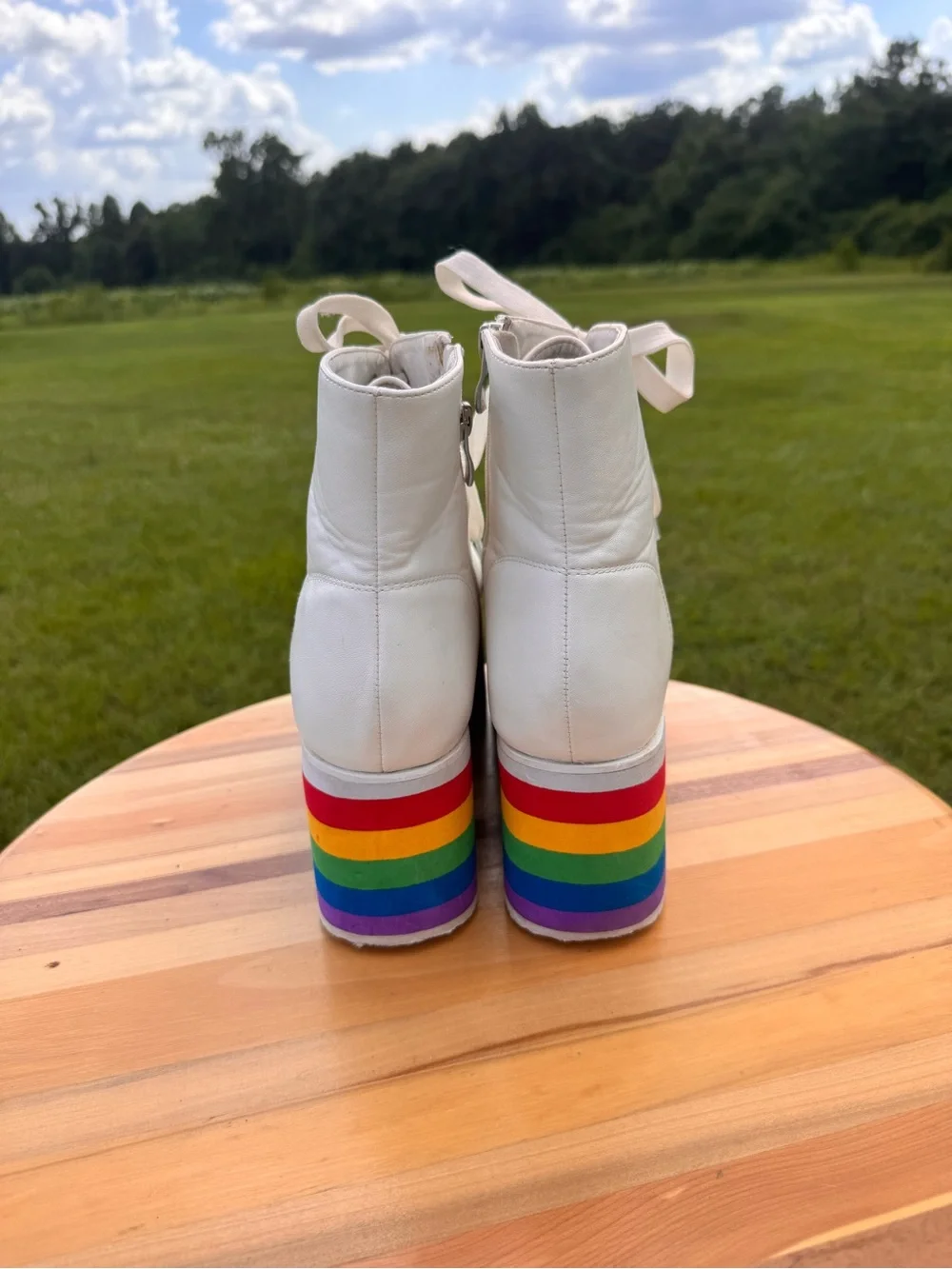 Ladies White Platform Ankle Boots with Rainbow Stripe